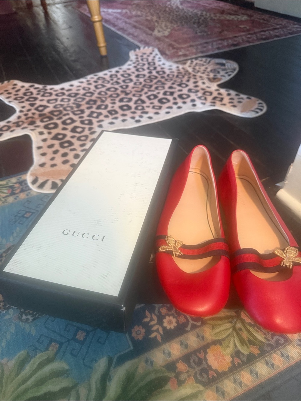 Gucci Red Leather Ballet Flats with Web Ribbon and Gold Bee